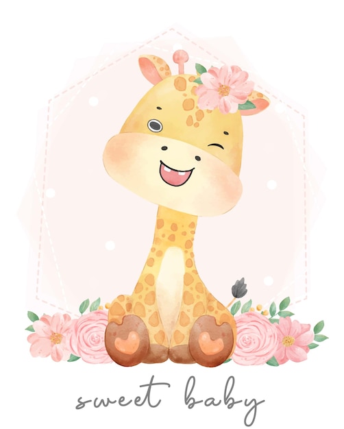 Vector linda acuarela dulce bebé floral jirafa fauna safari animal dibujado a mano pintura ilustración vector