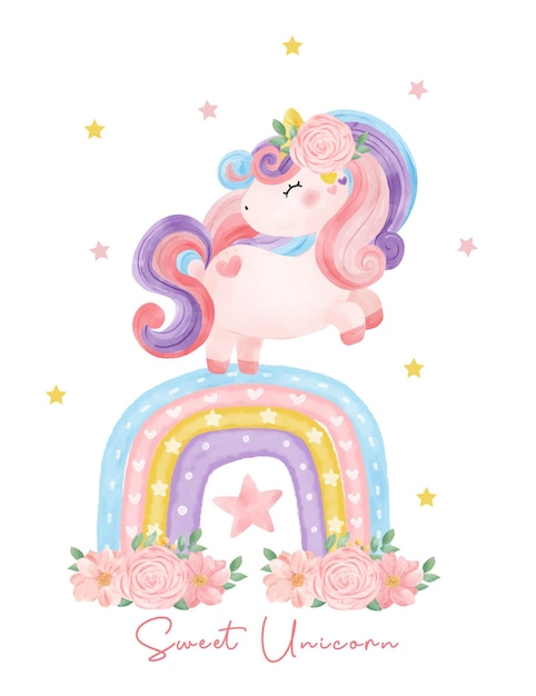 Linda acuarela dulce floral mágico púrpura bebé Unicornio con gafas de corazón sentado en el arco iris