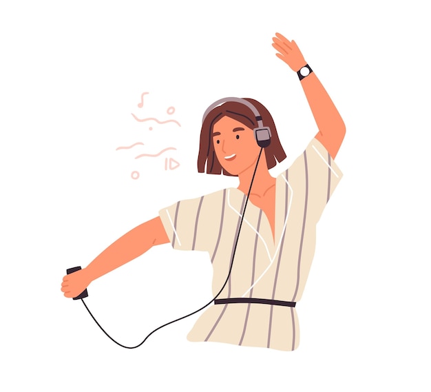 Linda adolescente femenina escuchando música en auriculares y bailando vector ilustración plana. mujer joven feliz disfrutando del sonido de audio usando un teléfono inteligente o un reproductor de mp3 aislado en un fondo blanco.