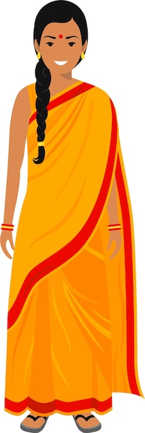 Linda adolescente india sonriente de pie con ropa nacional tradicional en un vector de estilo plano