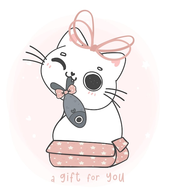 Linda adorable sonrisa feliz gatito blanco gato en caja de regalo rosa presente con pescado un regalo para ti lindo animal de dibujos animados mascota mano dibujo vector