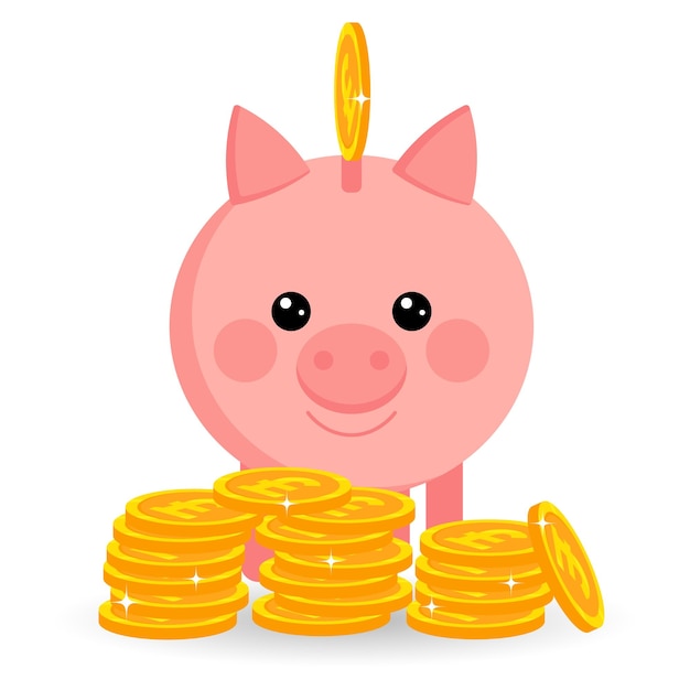 Linda alcancía y monedas de oro, libras inglesas. Concepto de finanzas y negocios. Ilustración, vector