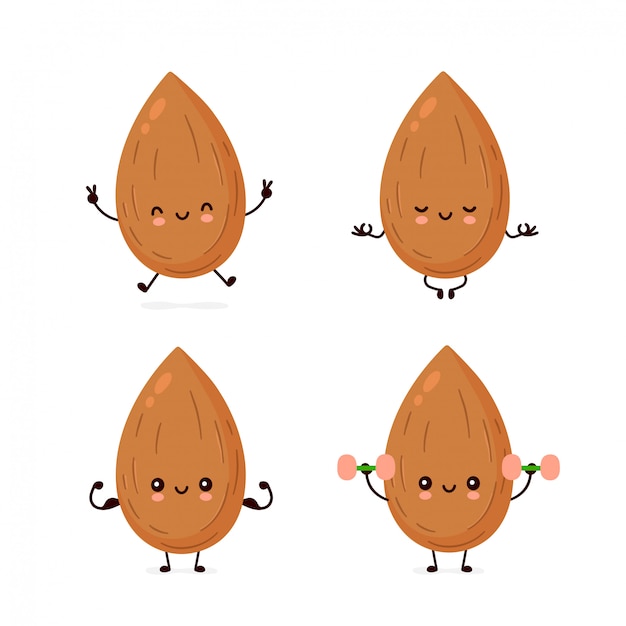 Linda almendra feliz hacer fitness, yoga, gimnasio set colección. Icono de ilustración de personaje de dibujos animados plana. Aislado en blanco
