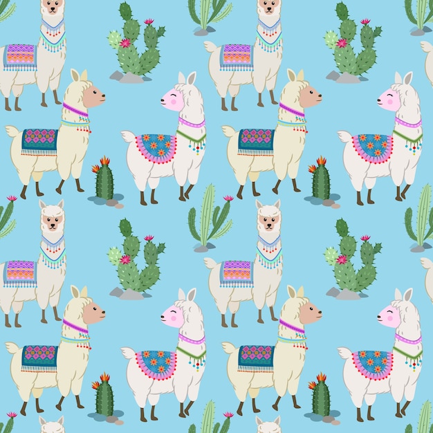 Linda alpaca y cactus de patrones sin fisuras.