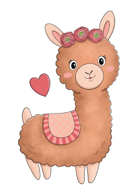 Linda alpaca con corazón y flores para postal.