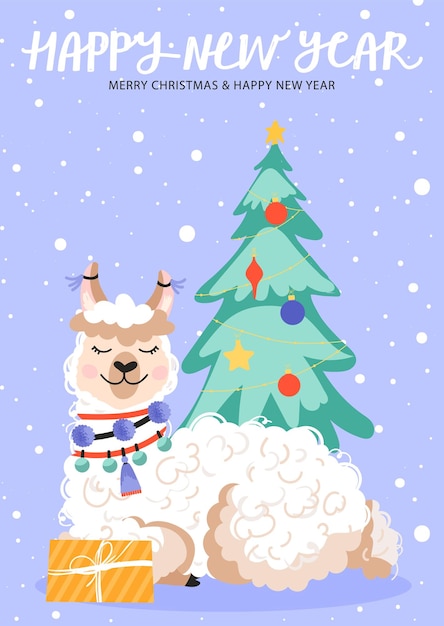 Vector linda alpaca de dibujos animados con regalo y abeto