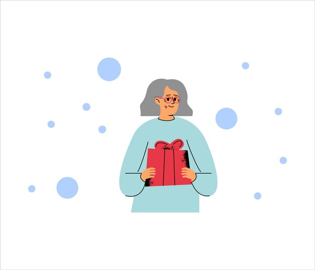 Una linda anciana con un regalo en sus manos. Abuela con un regalo. Una mujer con cabello gris