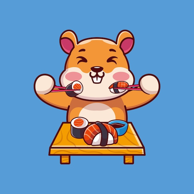 Linda ardilla comiendo sushi con ilustración de icono de dibujos animados de palillos
