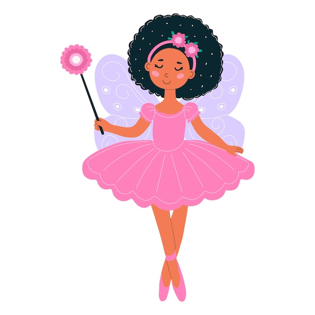 Una linda bailarina de hadas aladas con varita mágica aislada sobre un fondo blanco Un personaje de la fantasía infantil