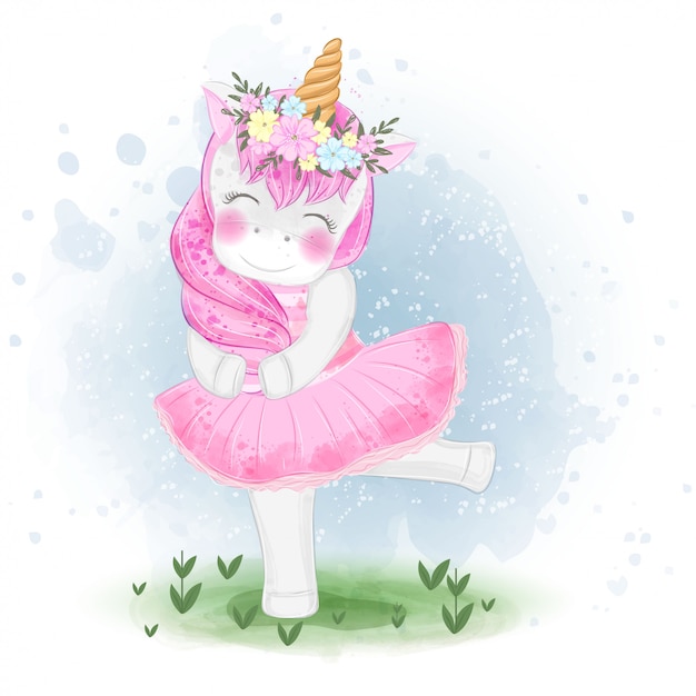 Vector linda bailarina de unicornio con ilustración de corona de flores