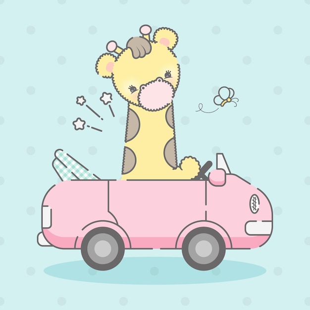 Linda bebé jirafa en un auto vector premium