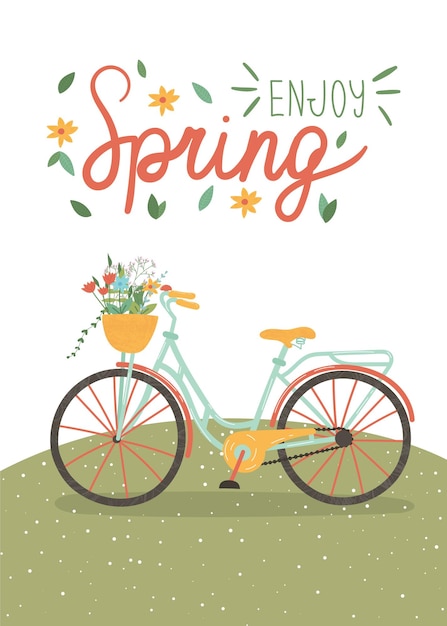 Vector linda bicicleta colorida con flores en la canasta concepto de vacaciones de primavera semana santa y día de la madre