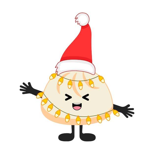 Linda bola de masa kawaii con sombrero de Papá Noel, guirnalda con luces, ojos, emoji de sonrisa, manos y piernas.