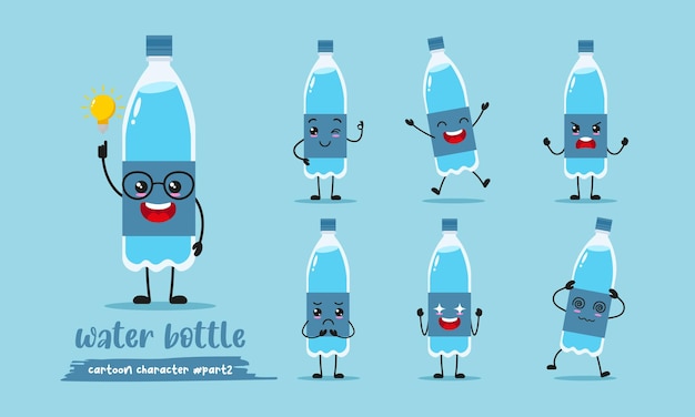 Linda botella de agua de dibujos animados con muchas expresiones agua mineral diferente actividad diseño plano