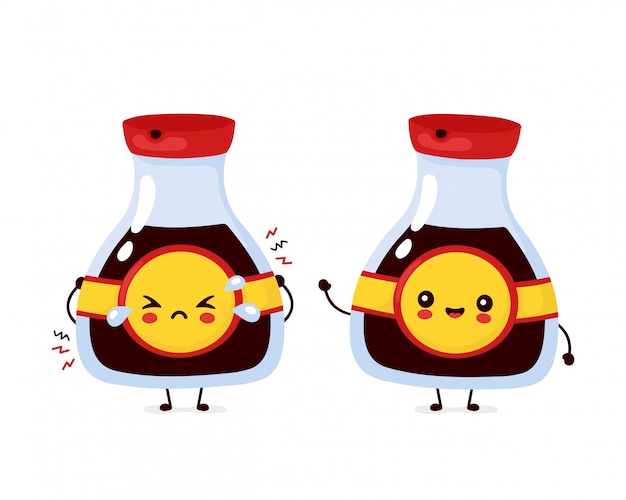 Linda botella de salsa de soja divertida feliz y triste. Diseño de icono de ilustración de personaje de dibujos animados.
