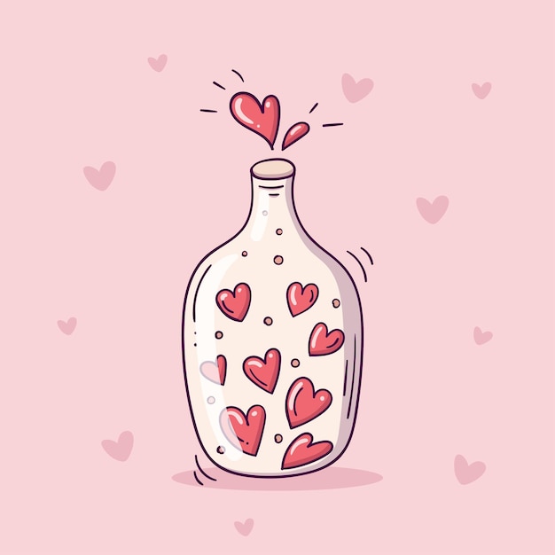 Linda botella de vidrio con corazones rojos en estilo doodle con corazones día de san valentín