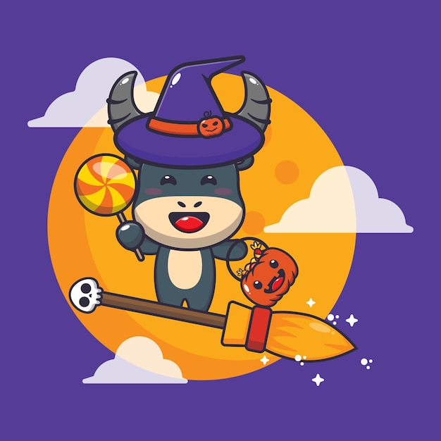 Linda bruja búfalo vuela con escoba en la noche de halloween. Linda ilustración de dibujos animados de halloween.