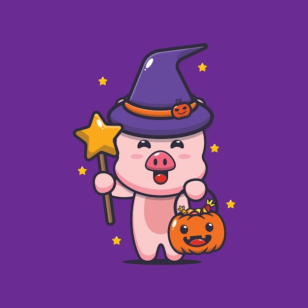 linda bruja de cerdo con varita mágica con calabaza de halloween linda ilustración de dibujos animados de halloween