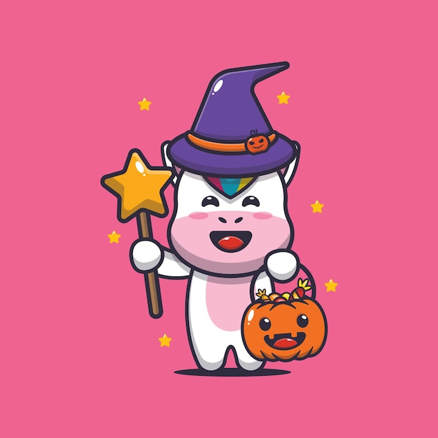 linda bruja unicornio con varita mágica llevando calabaza de halloween linda ilustración de dibujos animados de halloween