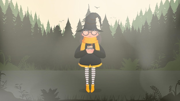 Una linda bruja con vino caliente está parada en el bosque chica con traje negro y sombrero sosteniendo una taza con bebida caliente concepto de halloween vector