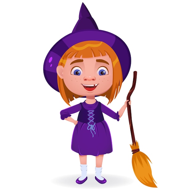 Linda brujita pelirroja con una escoba Personaje vectorial mágico de Halloween