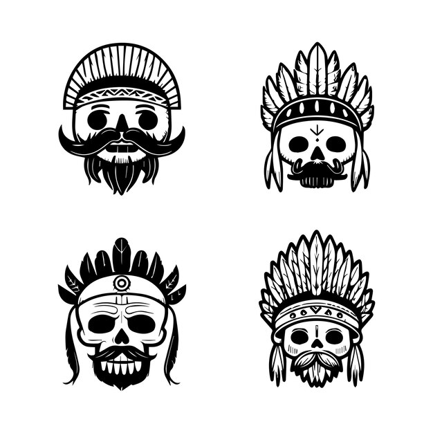 linda cabeza de calavera de anime con conjunto de colección de accesorios de jefe indio ilustración dibujada a mano