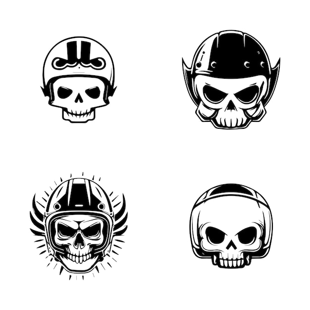 Linda cabeza de calavera con casco de motociclista conjunto de colección de logotipos ilustración dibujada a mano