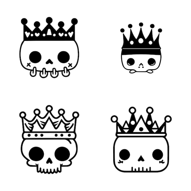 linda cabeza de calavera kawaii con conjunto de colección de corona ilustración dibujada a mano