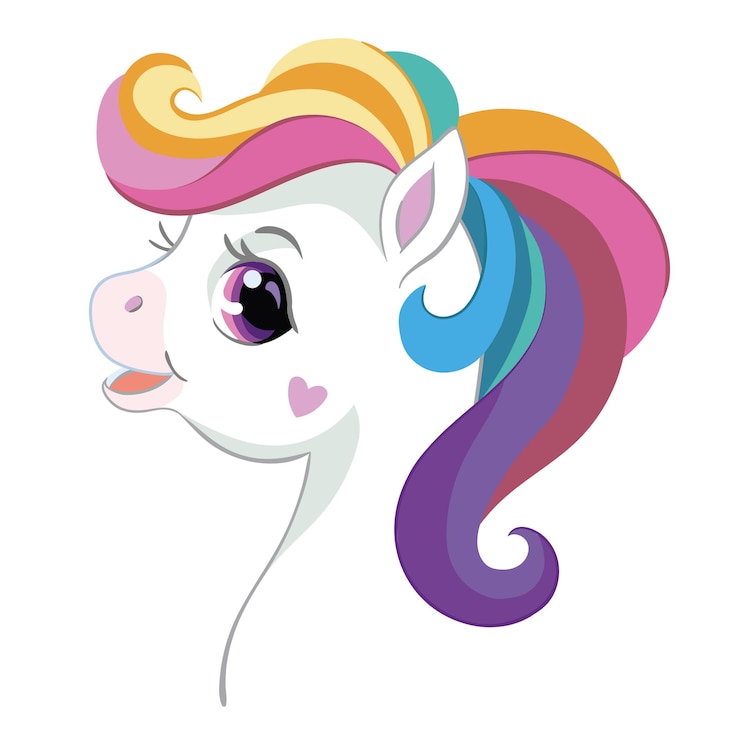 Vector linda cabeza divertida de unicornio blanco con melena rizada de arco iris en estilo de dibujos animados. vector ilustración aislada. para calcomanías, diseño, decoración, impresión, baby shower, camisetas, tarjetas, platos y ropa para niños.