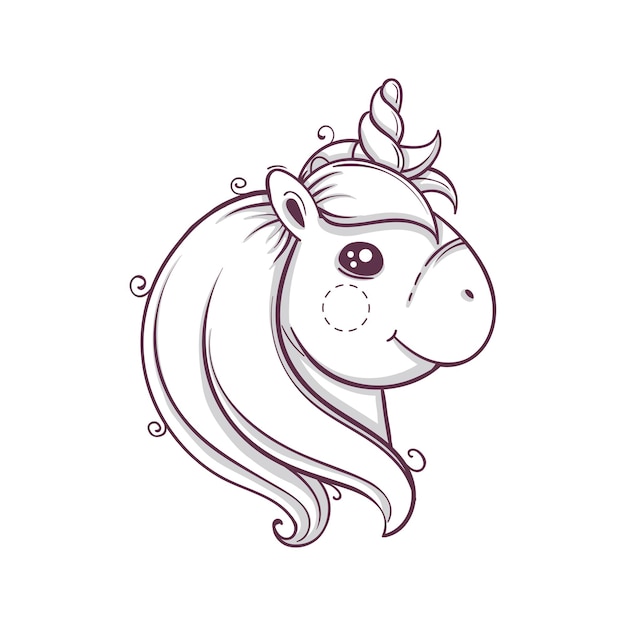 Linda cabeza de unicornio. bosquejo monocromo estilo dibujado a mano, ilustración vectorial