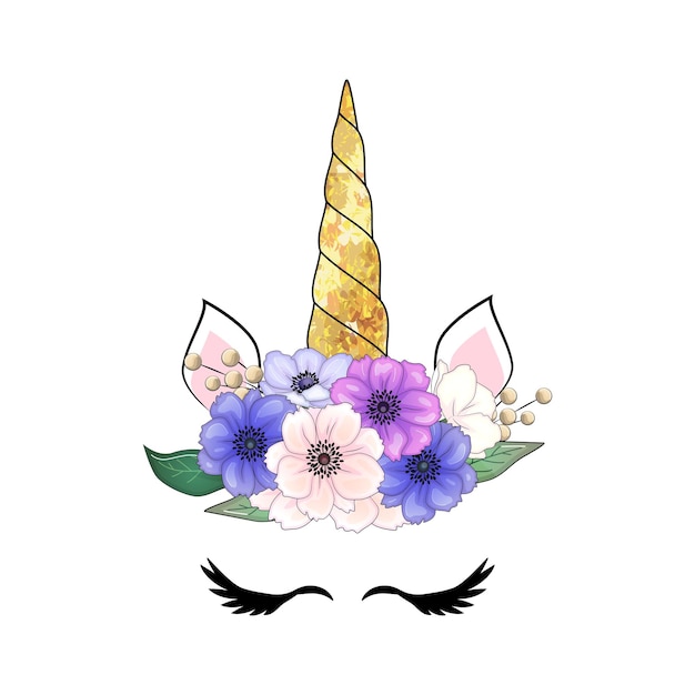 Linda cabeza de unicornio con corona de flores