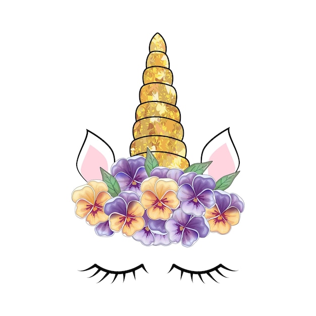 Linda cabeza de unicornio con corona de flores