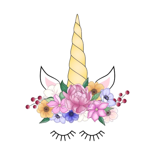 Vector linda cabeza de unicornio con corona de flores