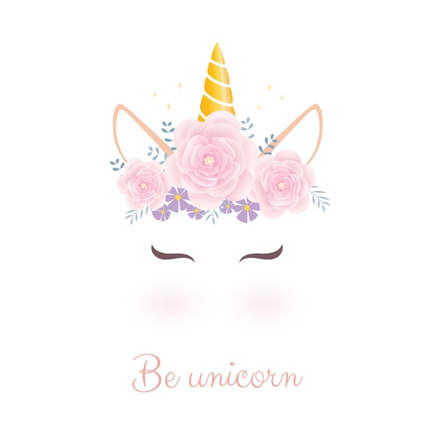 Linda cabeza de unicornio con corona de flores.