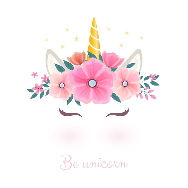 Vector linda cabeza de unicornio con corona de flores.