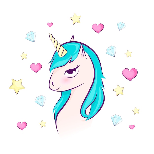 Linda cabeza de unicornio mágico con estrella de diamantes de corazón