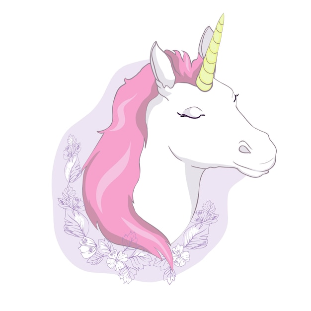 Linda cabeza de unicornio. Personaje mágico con melena rosa