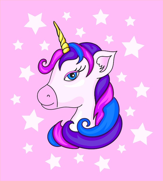 Linda cabeza de unicornioUnicornio sobre fondo estrellado Unicornio mágico Diseño vectorial sobre fondo rosa Estampado de camiseta Ilustración romántica dibujada a mano para niños xDxA