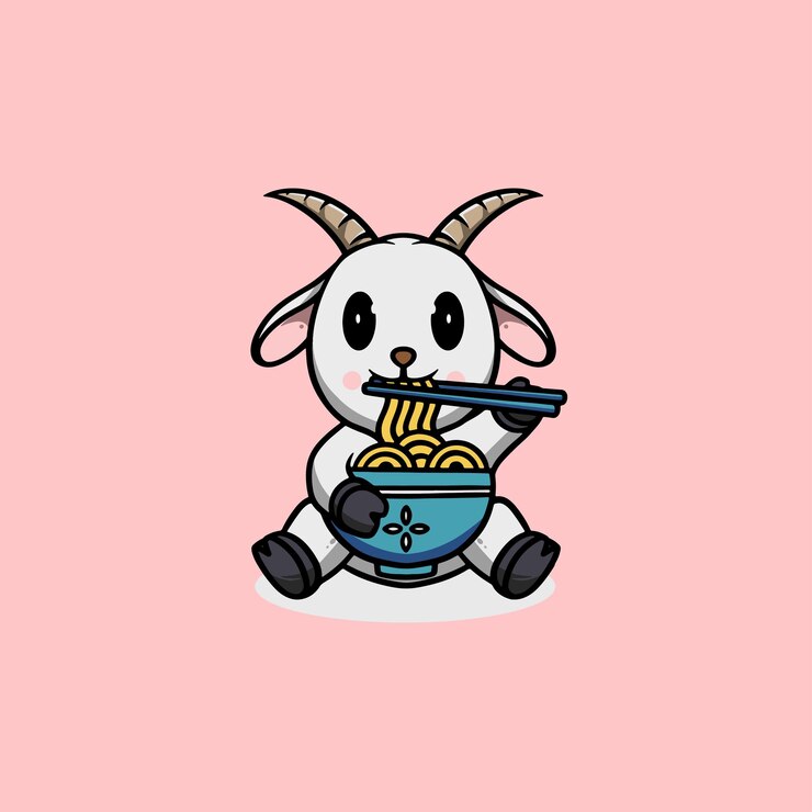 Linda cabra comiendo ilustración de dibujos animados de ramen