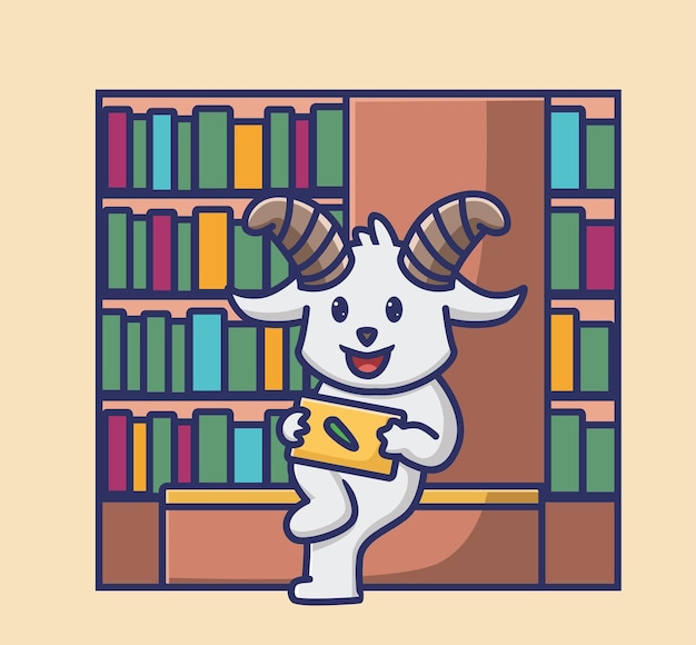 Linda cabra leyendo en la biblioteca dibujos animados de animales pegatina de estilo plano aislado ilustración de icono de diseño web logotipo de vector premium personaje de mascota