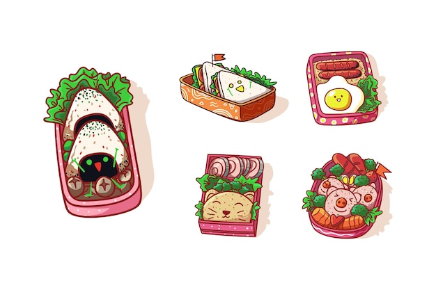 Linda caja de almuerzo con arroz frito en forma de Onigiri y etiqueta colorida del menú Sandwich Ilustración