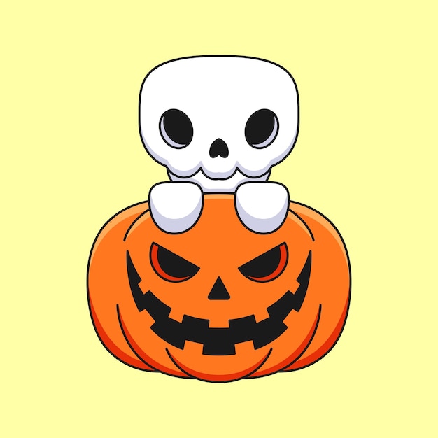 Linda calabaza cráneo halloween dibujos animados mascota doodle arte dibujado a mano concepto vector kawaii icono ilustración