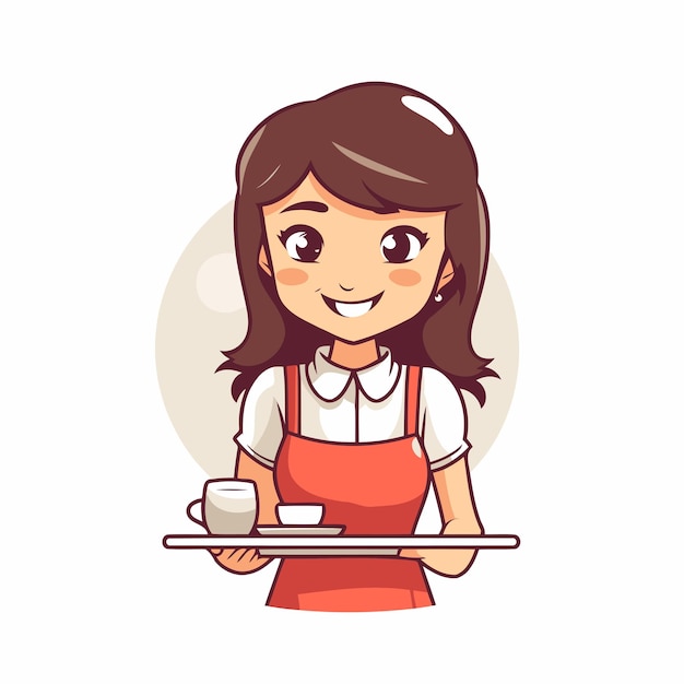 Una linda camarera de dibujos animados sosteniendo una bandeja con café ilustración vectorial