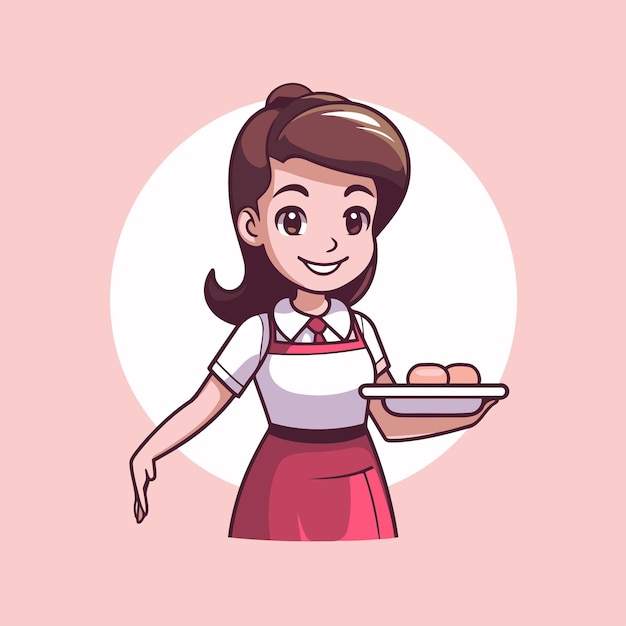 Vector una linda camarera de dibujos animados sosteniendo un plato con comida ilustración vectorial en estilo de dibuixos animados