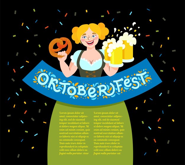 Linda camarera en oktoberfest tiene jarras de cerveza y pretzel