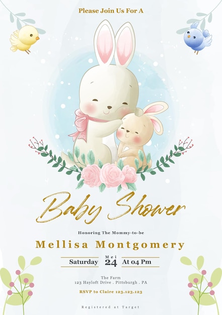 Una linda y caprichosa invitación para baby shower con conejos estilo acuarela