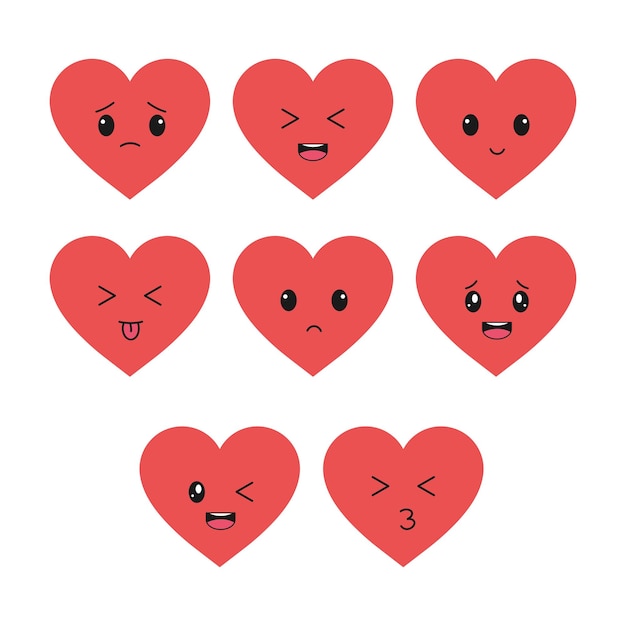 Linda cara de corazón colorida en varias emociones de dibujos animados sobre un fondo blanco Amor Kawaii aislado