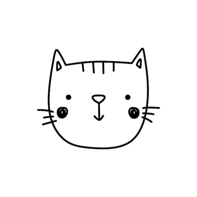 Linda cara de gato aislada sobre fondo blanco Gatito sonriente Ilustración dibujada a mano en estilo garabato