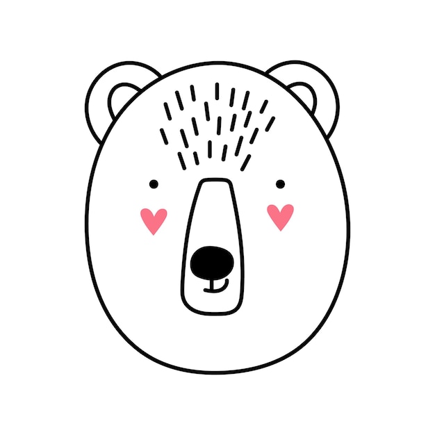 Linda cara de oso con corazones Ilustración de vector de oso de bozal de dibujos animados en estilo garabato Elemento para imprimir postal y cartel aislado sobre fondo blanco