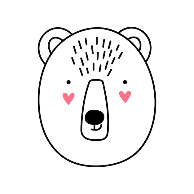 Vector linda cara de oso con corazones ilustración de vector de oso de bozal de dibujos animados en estilo garabato elemento para imprimir postal y cartel aislado sobre fondo blanco